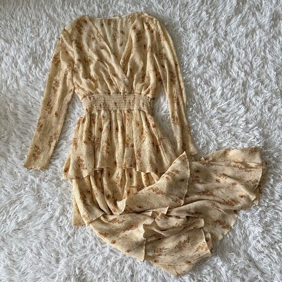 Grade & Gather Micro-Pleated Neutral Floral Print Wrapped Midi Dress Size S - Picture 6 of 7